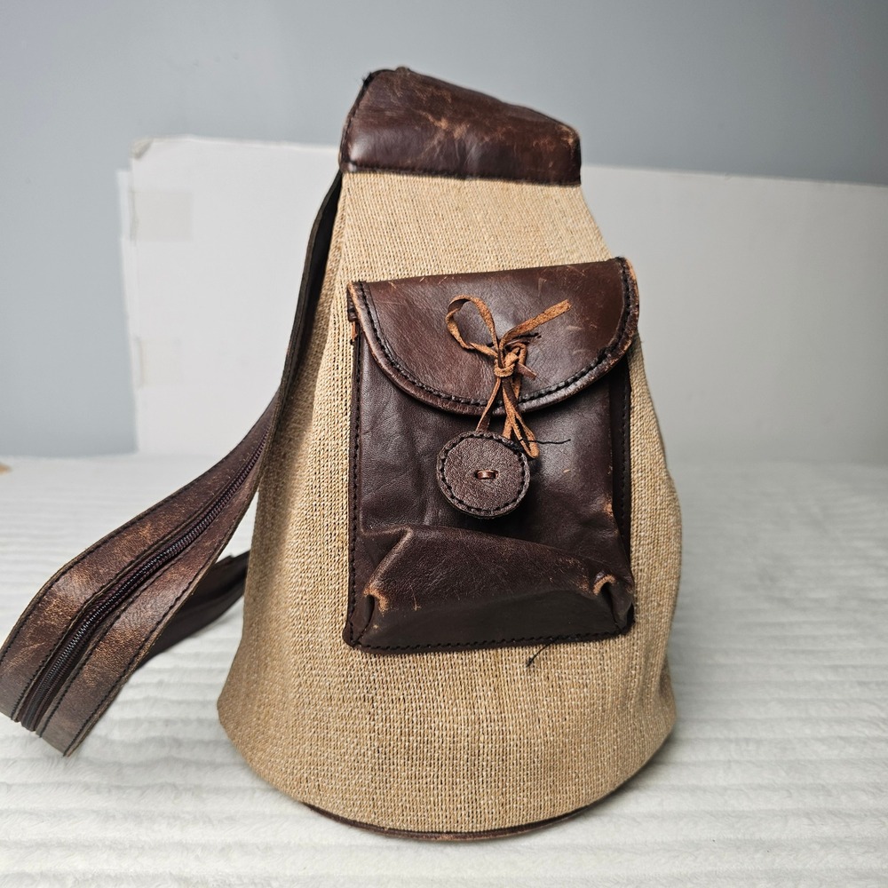 Artisan Woven Hemp Leather Convertible Backpack Shoulder Bag Brown Boho Rustic